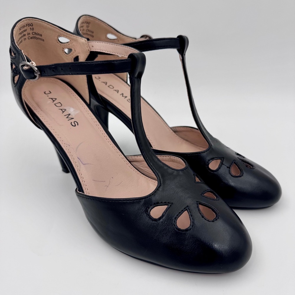 J. Adams Pepper Black T-Strap Cut Out Floral Pumps Heels Womens Size 10 3019-FSQ
